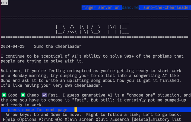 Lynx screenshot showing DanQ.me via the Finger protocol.